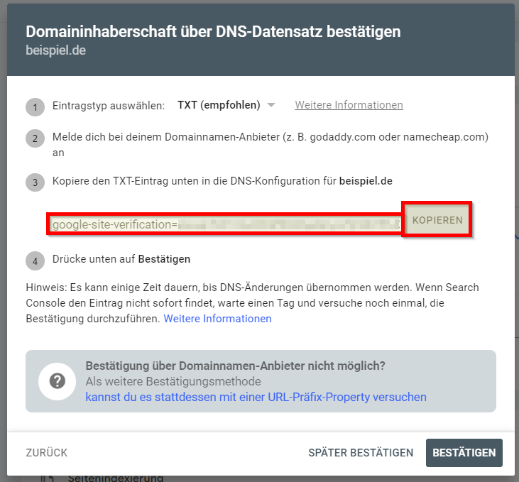 Domaininhaberschaft über DNS-Datensatz bestätigen: TXT