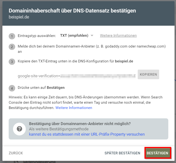 Domaininhaberschaft über DNS-Datensatz bestätigen: Bestätigen